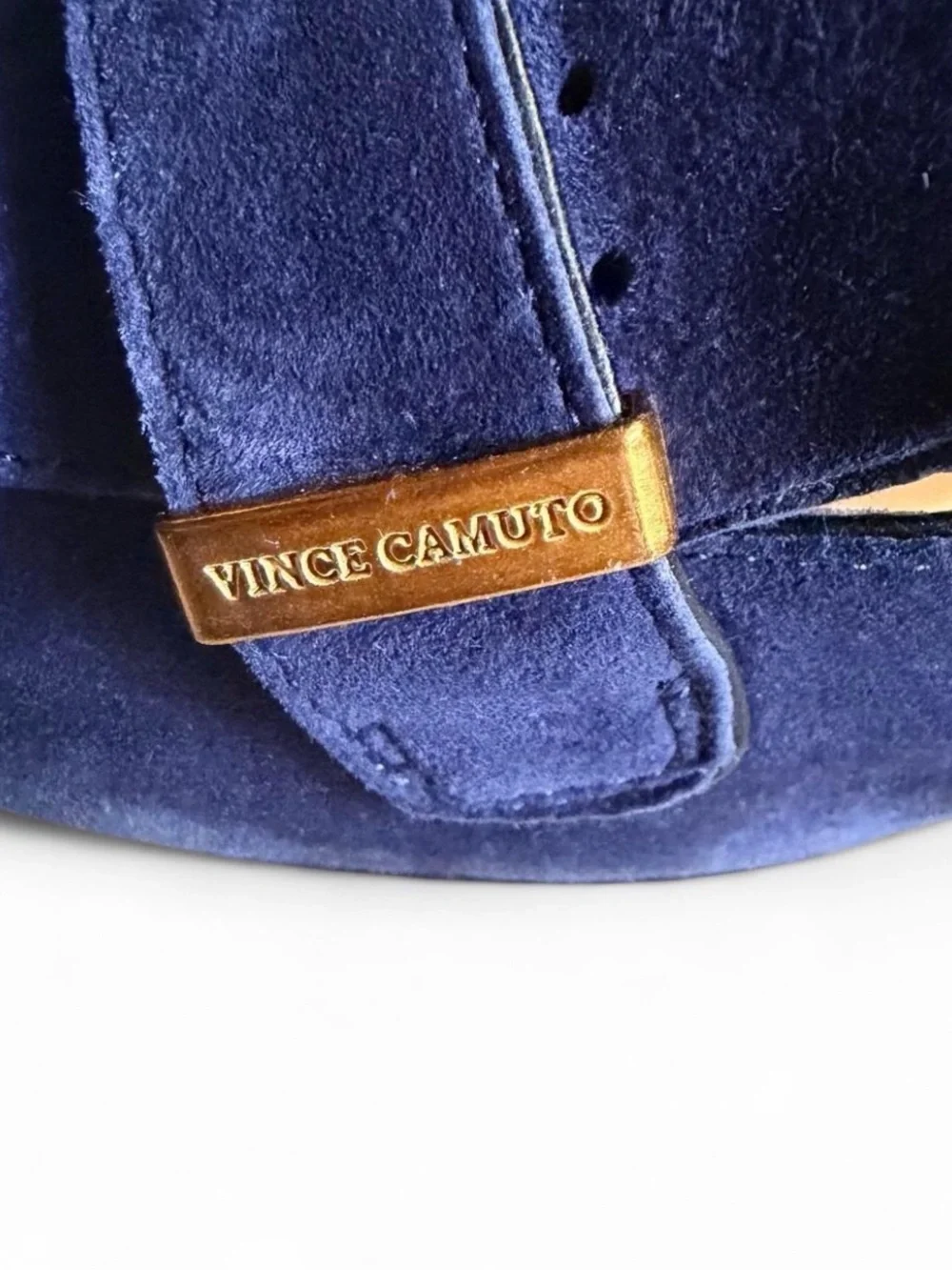 Vince Camuto Navy Suede Block Heel Pumps with Gold Accent